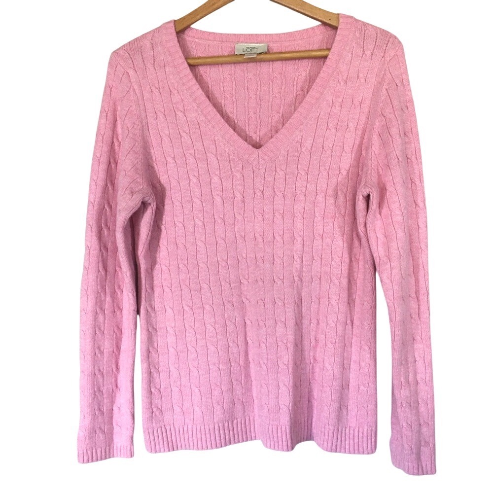 Ann Taylor LOFT Petal Pink Cable Knit V-Neck Sweater‎ Rabbit Hair Blend Large